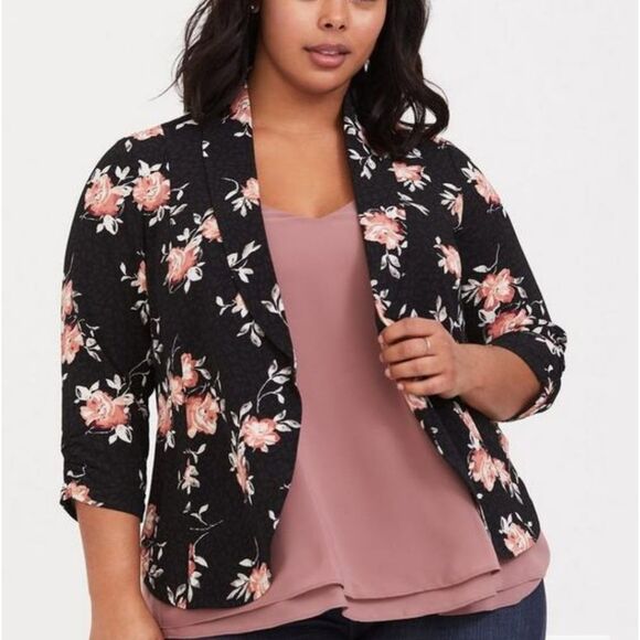 torrid Tops - Torrid Knit Crepe Drape Blazer Black Floral 3/4 Sleeve Women's Plus size 2X